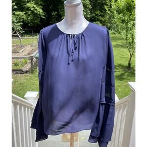 Parker Women 100% Silk Blouse Round Neck Tiered Sleeves Career Wear Navy Blue S